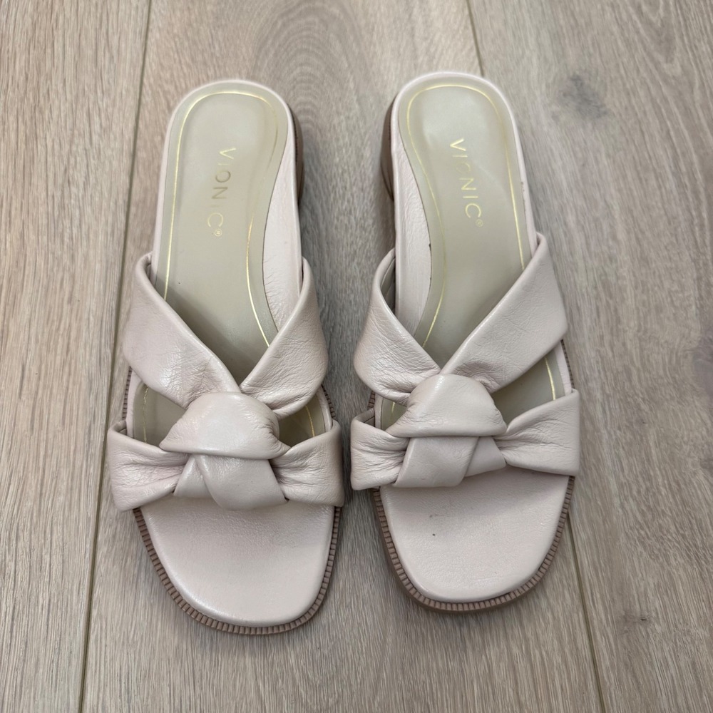 TT Vionic Mabel Leather Knotted Slide Sandals Cream Square Toe Block Heel  8 - Picture 3 of 10